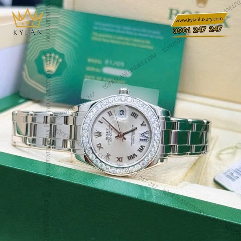 Đồng hồ Rolex Pearlmaster 34 vàng trắng vành kim cương 81209