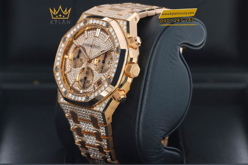 Kỳ Lân Luxury royal oak chronograph vang hong kim cuong 26242or 3 Đồng hồ Royal Oak Chronograph vàng hồng kim cương 26242OR