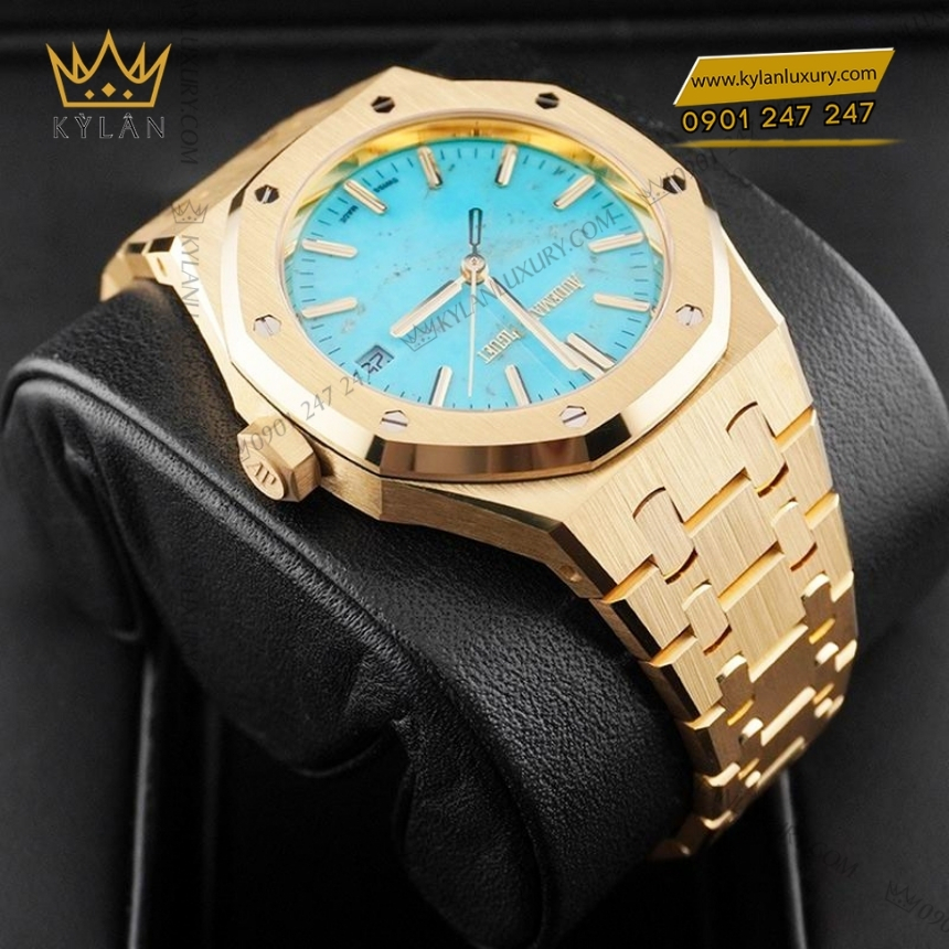 Kỳ Lân Luxury royal oak mat so turquoise 15550ba 1 3 Đồng hồ Royal Oak vàng vàng mặt số turquoise 37mm 15550BA