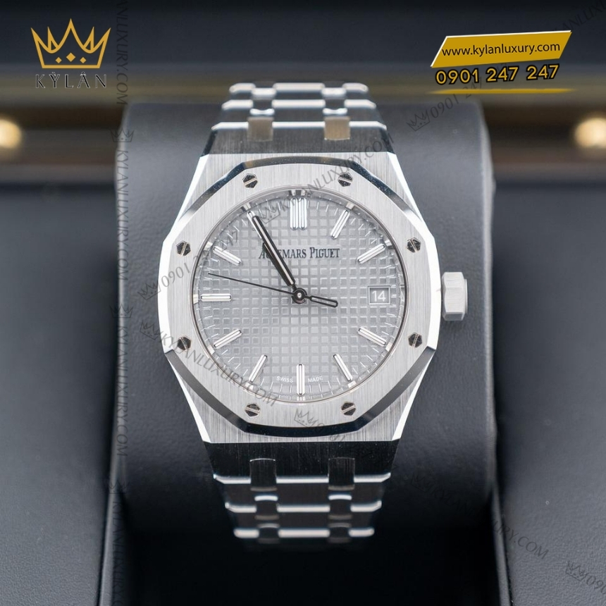 Kỳ Lân Luxury royal oak thep mat so xam 37mm 15550st 3 Đồng hồ Royal Oak thép mặt số xám 37mm 15550ST