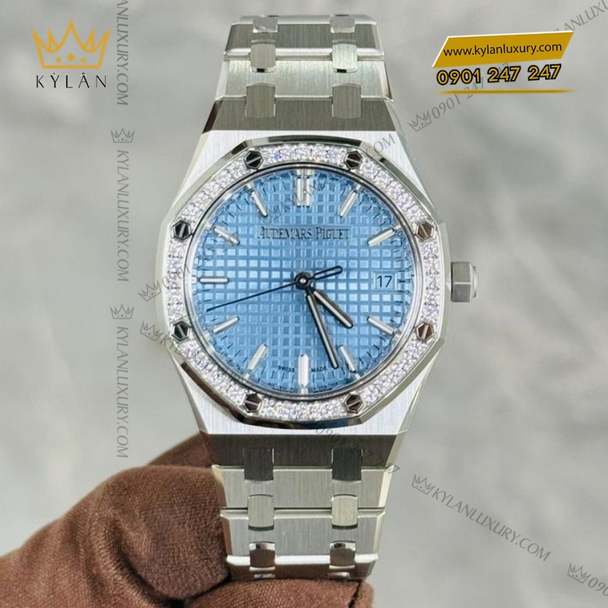 Kỳ Lân Luxury royal oak xanh nhat vanh kim 34mm 77451st 5 Đồng hồ Royal Oak mặt xanh nhạt vành kim 34mm 77451ST