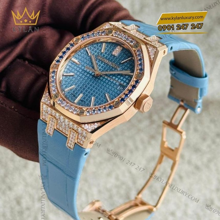 Kỳ Lân Luxury royal oak xanh pastel dinh kim cuong 15551or 5 Đồng hồ Royal Oak Selfwinding xanh pastel đính kim cương 15551OR