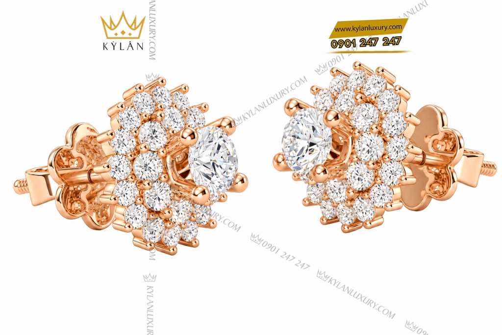Kỳ Lân Luxury Bong tai vang hong Au750 dinh kim cuong hoa tiet doa hoa 2 Bông tai vàng hồng Au750 đính kim cương họa tiết đóa hoa