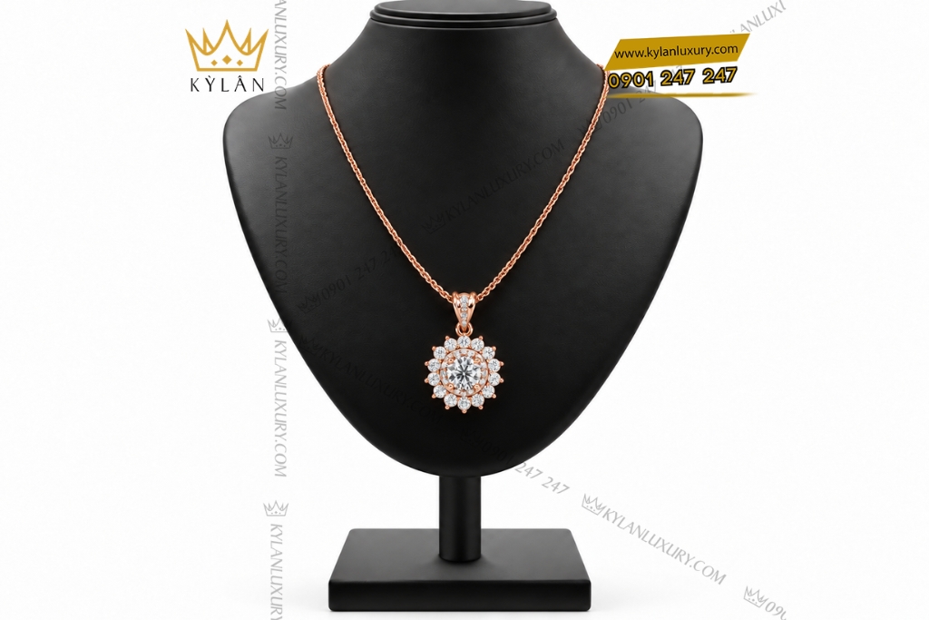 Kỳ Lân Luxury Day chuyen vang hong Au750 dinh kim cuong 1 Dây chuyền vàng hồng Au750 đính kim cương họa tiết đóa hoa
