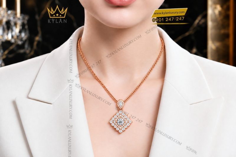 Dây chuyền vàng hồng Au750 đính kim cương