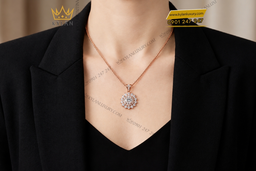 Dây chuyền vàng hồng Au750 đính kim cương