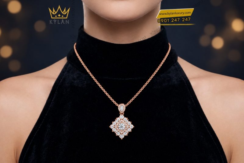 Dây chuyền vàng hồng Au750 đính kim cương