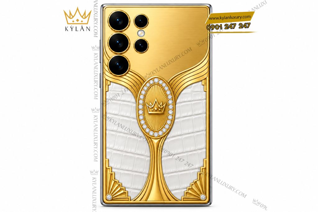 Kỳ Lân Luxury Dien thoai Samsung Galaxy S26 Ultra custom vang Au750 dinh kim cuong va da ca sau 1 1 Điện thoại Samsung Galaxy S26 Ultra custom vàng Au750 đính kim cương và da cá sấu