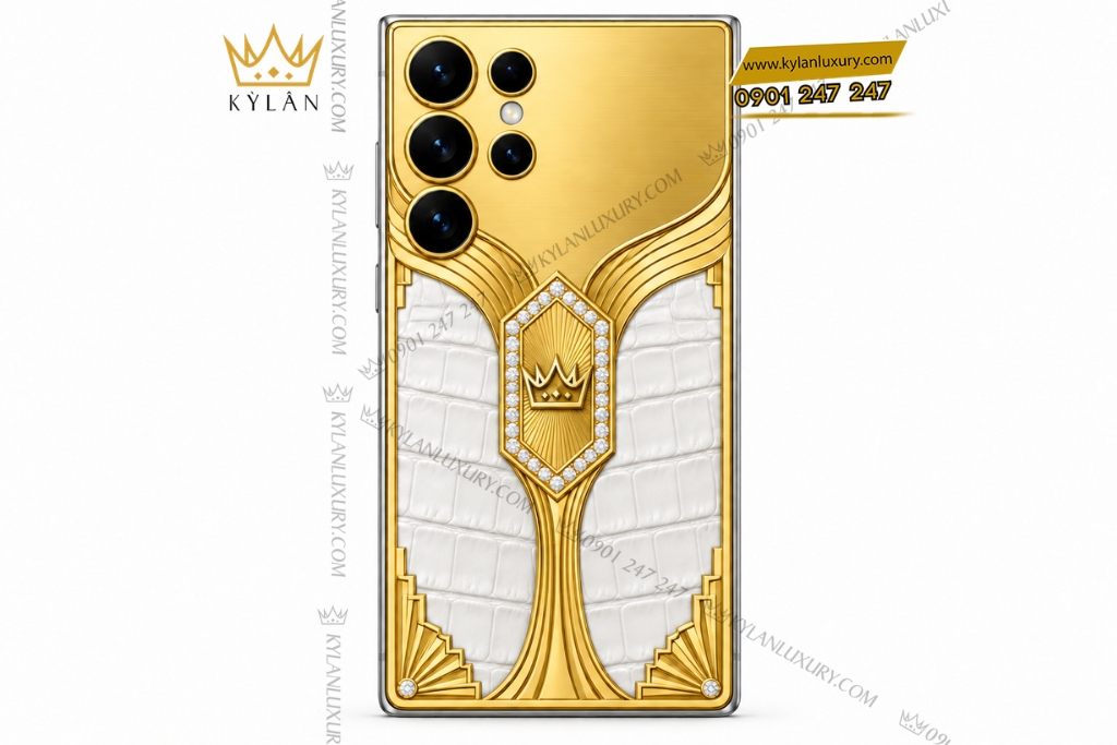 Kỳ Lân Luxury Dien thoai Samsung Galaxy S26 Ultra custom vang Au750 dinh kim cuong va da ca sau 1 Điện thoại Samsung Galaxy S26 Ultra custom vàng Au750 đính kim cương và da cá sấu
