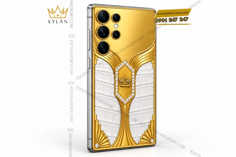 Điện thoại Samsung Galaxy S26 Ultra custom vàng Au750 đính kim cương và da cá sấu