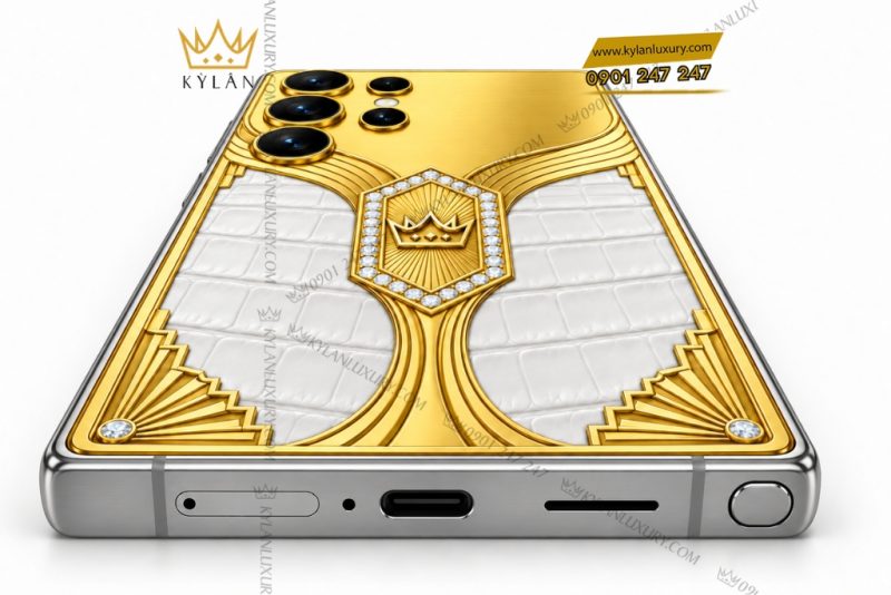 Điện thoại Samsung Galaxy S26 Ultra custom vàng Au750 đính kim cương và da cá sấu