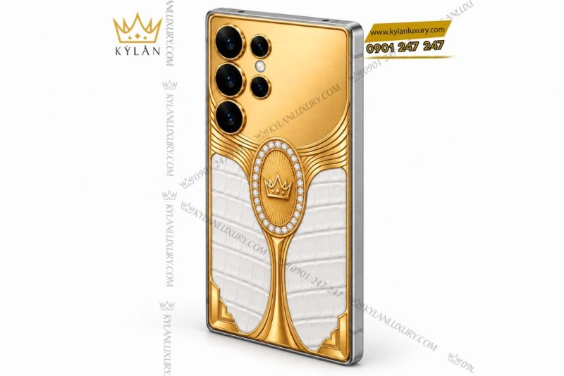 Điện thoại Samsung Galaxy S26 Ultra custom vàng Au750 đính kim cương và da cá sấu