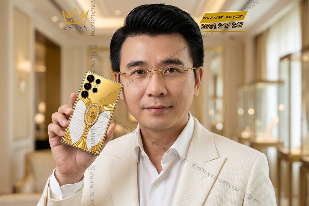Điện thoại Samsung Galaxy S26 Ultra custom vàng Au750 đính kim cương và da cá sấu