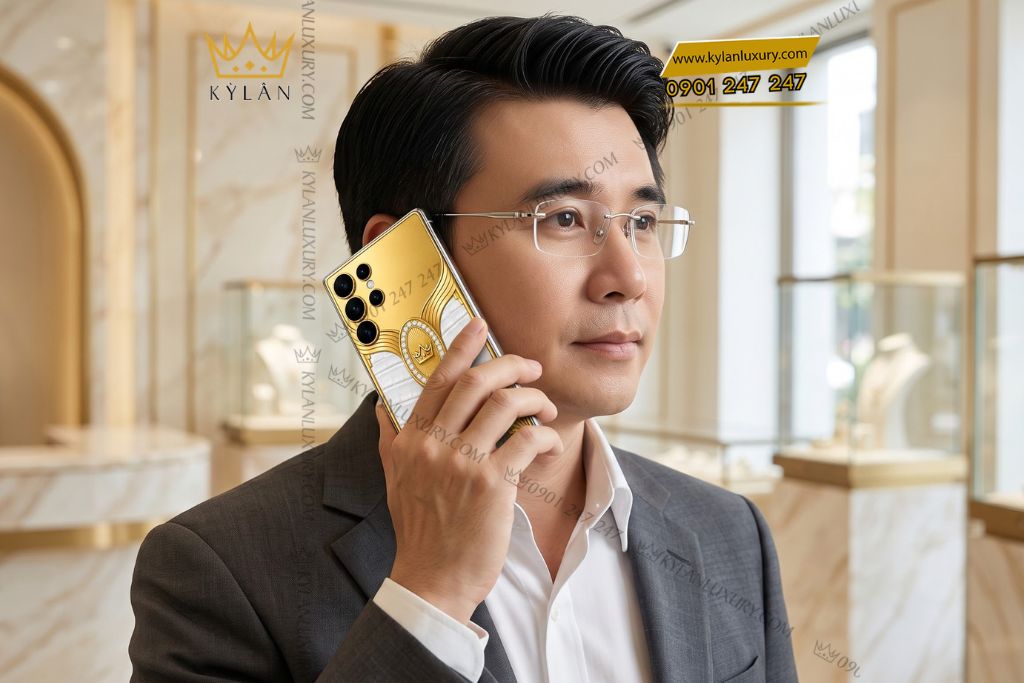 Kỳ Lân Luxury Dien thoai Samsung Galaxy S26 Ultra custom vang Au750 dinh kim cuong va da ca sau 7 1 Điện thoại Samsung Galaxy S26 Ultra custom vàng Au750 đính kim cương và da cá sấu