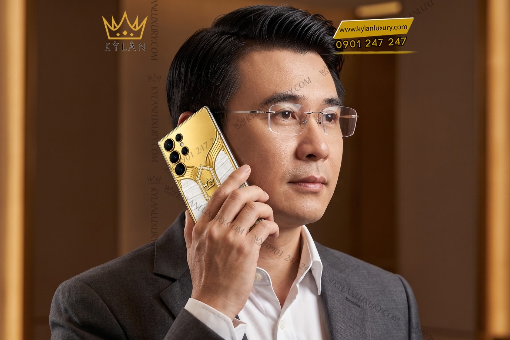 Điện thoại Samsung Galaxy S26 Ultra custom vàng Au750 đính kim cương và da cá sấu