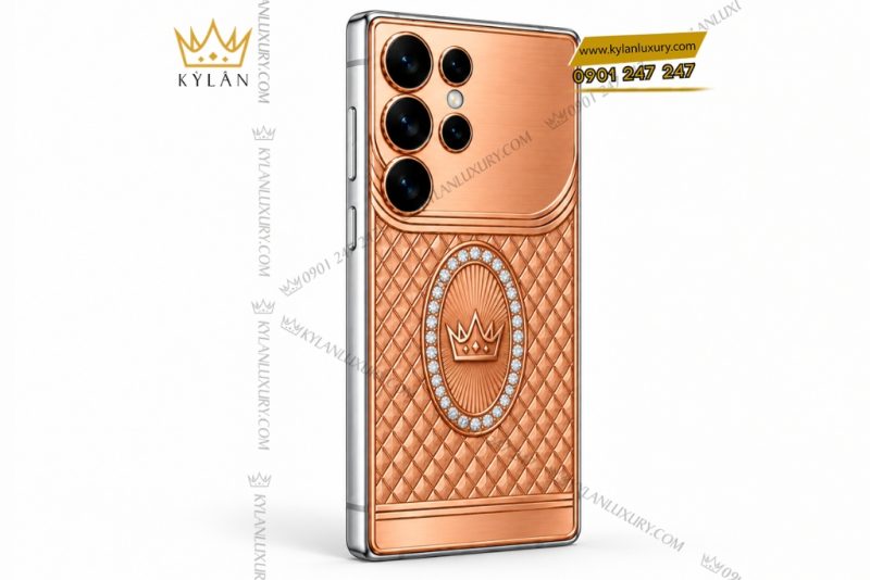 Điện thoại Samsung Galaxy S26 Ultra custom vàng hồng Au750 đính kim cương họa tiết mắt lưới