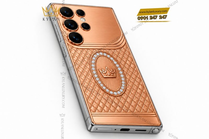 Điện thoại Samsung Galaxy S26 Ultra custom vàng hồng Au750 đính kim cương họa tiết mắt lưới