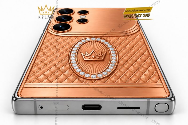 Điện thoại Samsung Galaxy S26 Ultra custom vàng hồng Au750 đính kim cương họa tiết mắt lưới