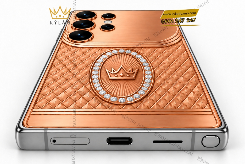Điện thoại Samsung Galaxy S26 Ultra custom vàng hồng Au750 đính kim cương họa tiết mắt lưới