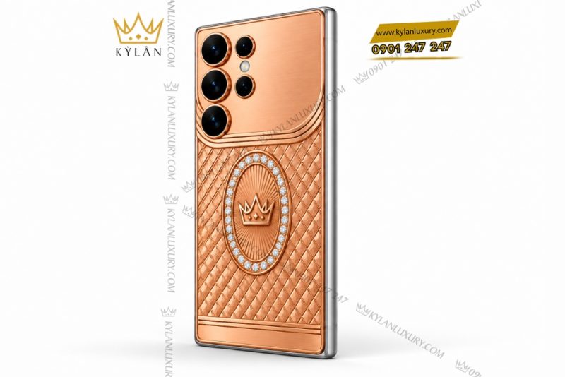 Điện thoại Samsung Galaxy S26 Ultra custom vàng hồng Au750 đính kim cương họa tiết mắt lưới