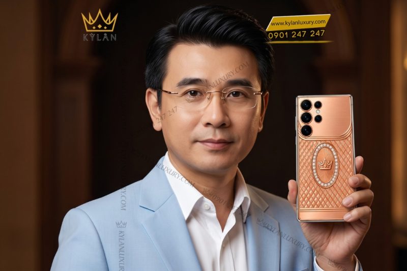 Điện thoại Samsung Galaxy S26 Ultra custom vàng hồng Au750 đính kim cương họa tiết mắt lưới