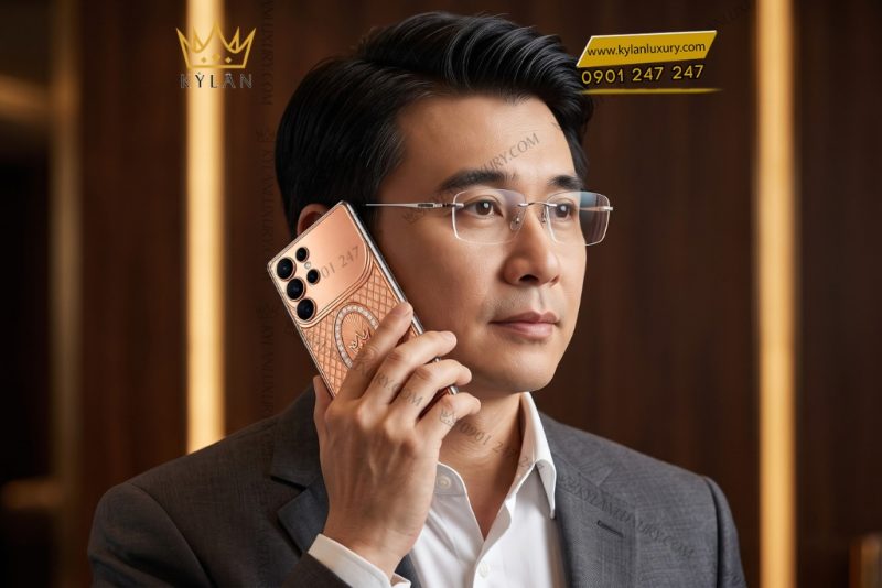 Điện thoại Samsung Galaxy S26 Ultra custom vàng hồng Au750 đính kim cương họa tiết mắt lưới