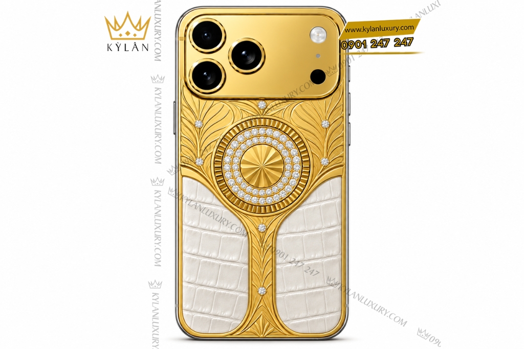 Kỳ Lân Luxury Dien thoai iPhone 18 Pro Max custom vang Au750 dinh kim cuong va da ca sau 2 1 Điện thoại iPhone 18 Pro Max custom vàng Au750 đính kim cương và da cá sấu