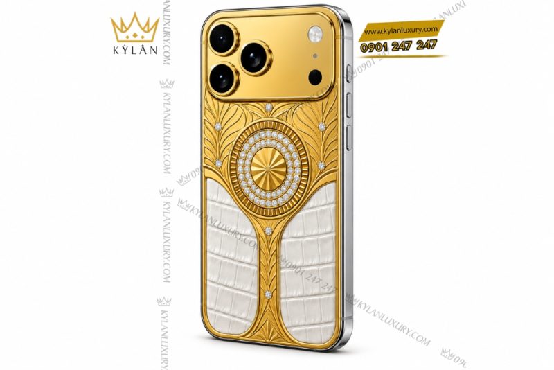 Điện thoại iPhone 18 Pro Max custom vàng Au750 đính kim cương và da cá sấu