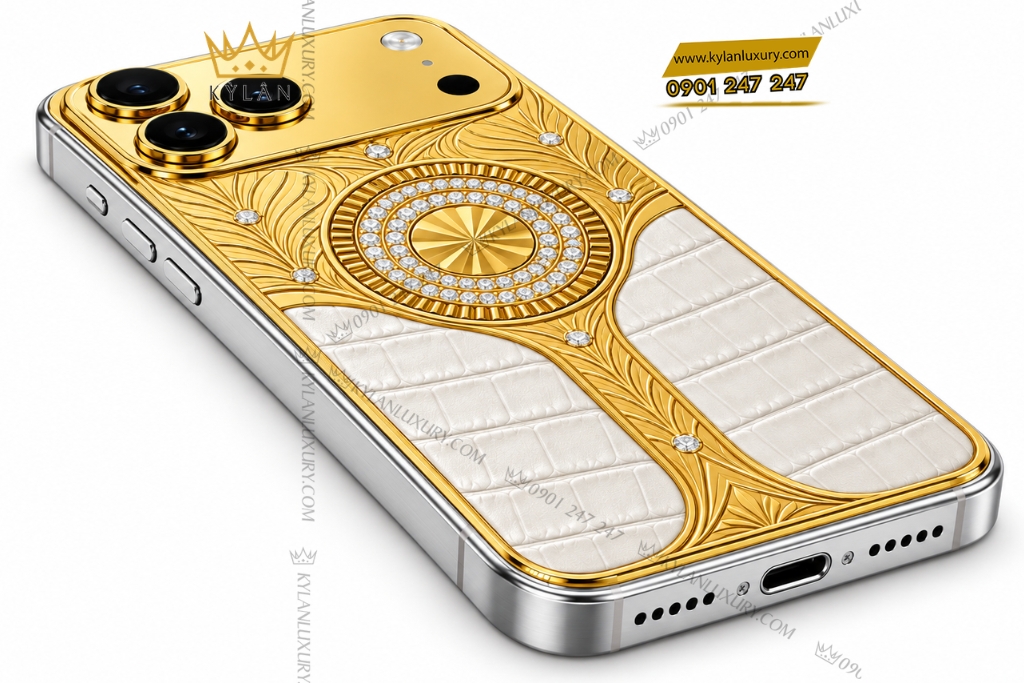 Kỳ Lân Luxury Dien thoai iPhone 18 Pro Max custom vang Au750 dinh kim cuong va da ca sau 5 1 Điện thoại iPhone 18 Pro Max custom vàng Au750 đính kim cương và da cá sấu