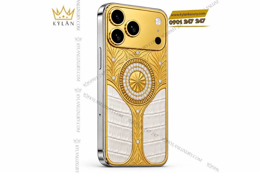 Kỳ Lân Luxury Dien thoai iPhone 18 Pro Max custom vang Au750 dinh kim cuong va da ca sau 6 1 Điện thoại iPhone 18 Pro Max custom vàng Au750 đính kim cương và da cá sấu