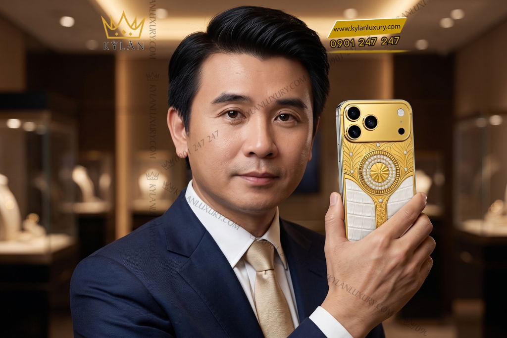 Kỳ Lân Luxury Dien thoai iPhone 18 Pro Max custom vang Au750 dinh kim cuong va da ca sau 7 1 Điện thoại iPhone 18 Pro Max custom vàng Au750 đính kim cương và da cá sấu