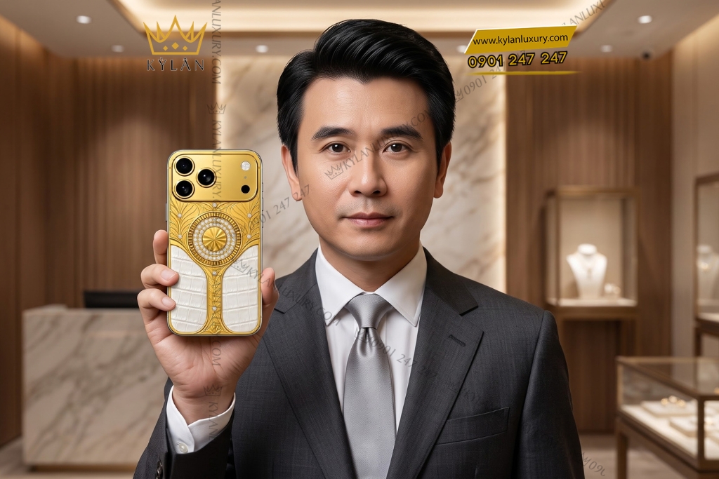 Kỳ Lân Luxury Dien thoai iPhone 18 Pro Max custom vang Au750 dinh kim cuong va da ca sau 8 1 Điện thoại iPhone 18 Pro Max custom vàng Au750 đính kim cương và da cá sấu