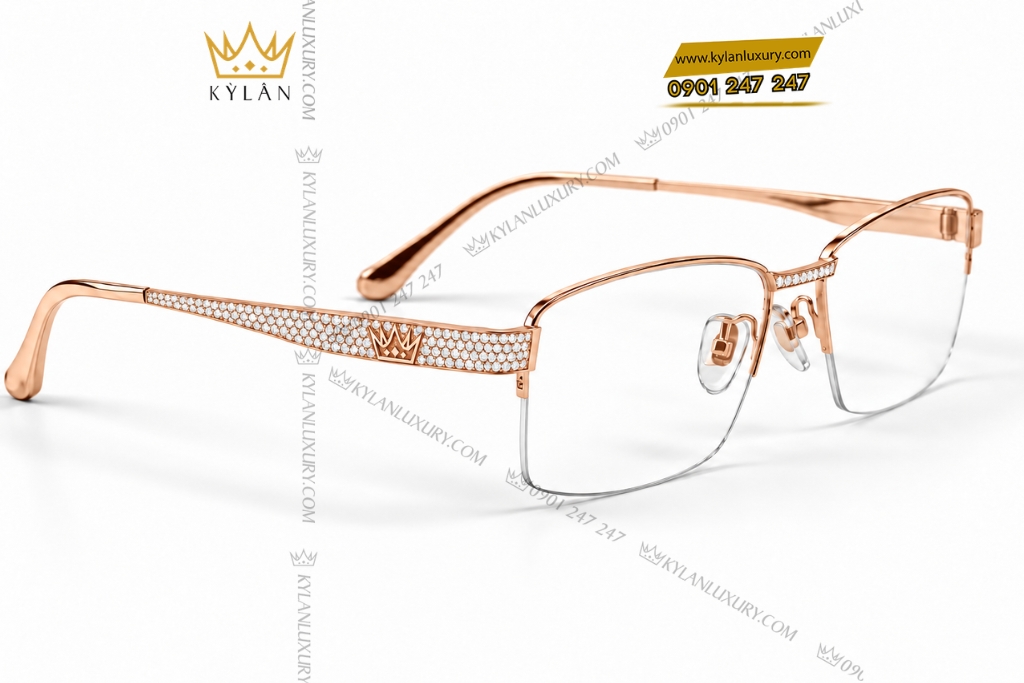 Kỳ Lân Luxury Mat kinh vang hong Au750 dinh kim cuong 4 Mắt kính vàng hồng Au750 đính kim cương