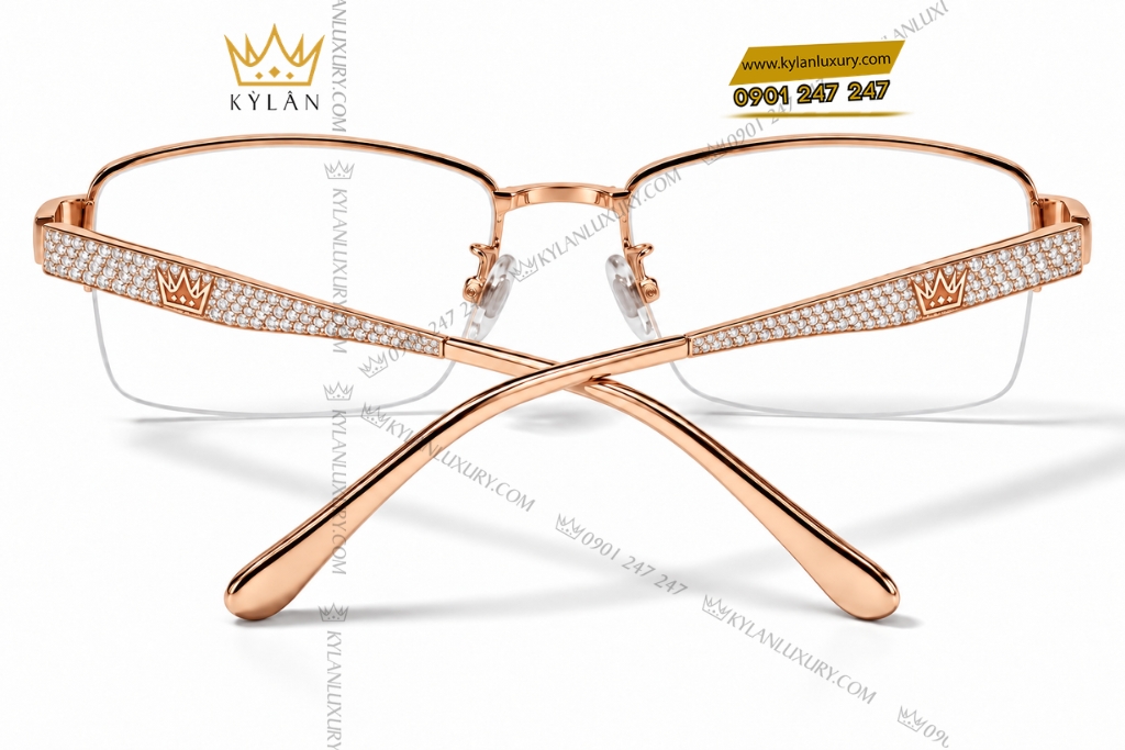 Mắt kính vàng hồng Au750 đính kim cương