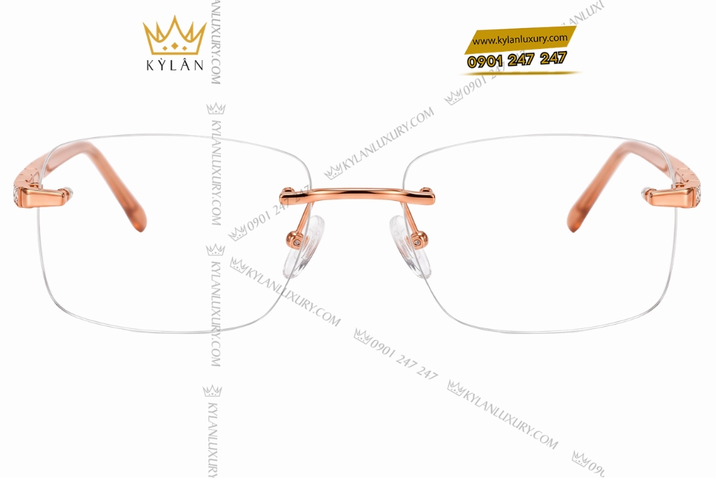 Mắt kính vàng hồng Au750 không viền đính kim cương