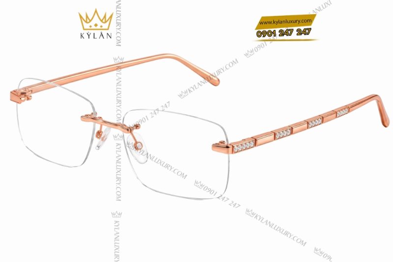 Mắt kính vàng hồng Au750 không viền đính kim cương