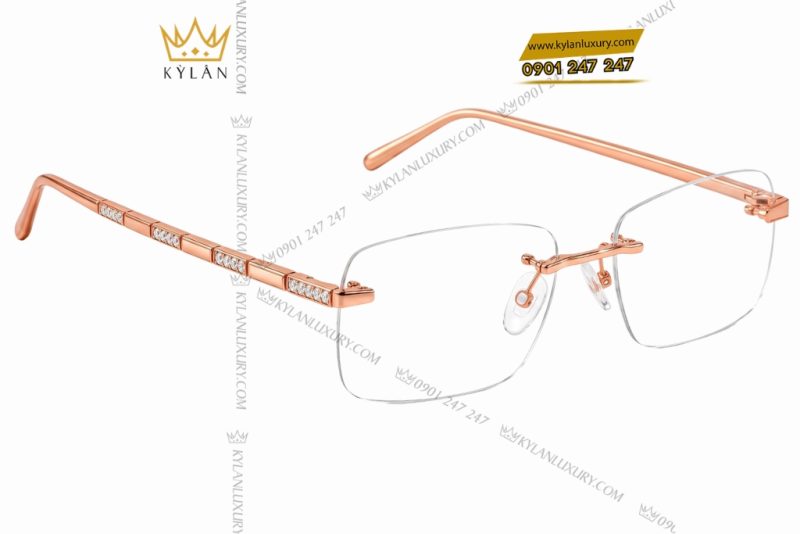 Mắt kính vàng hồng Au750 không viền đính kim cương