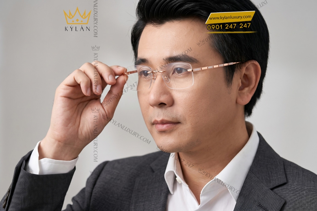 Mắt kính vàng hồng Au750 không viền đính kim cương