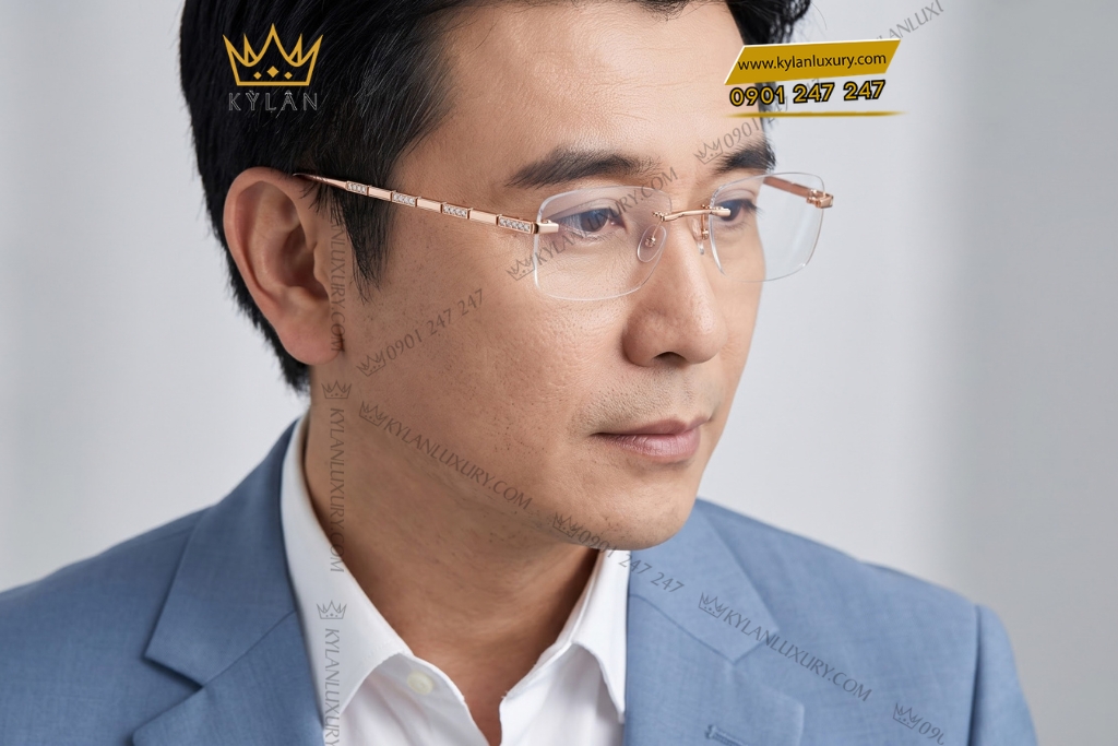 Mắt kính vàng hồng Au750 không viền đính kim cương