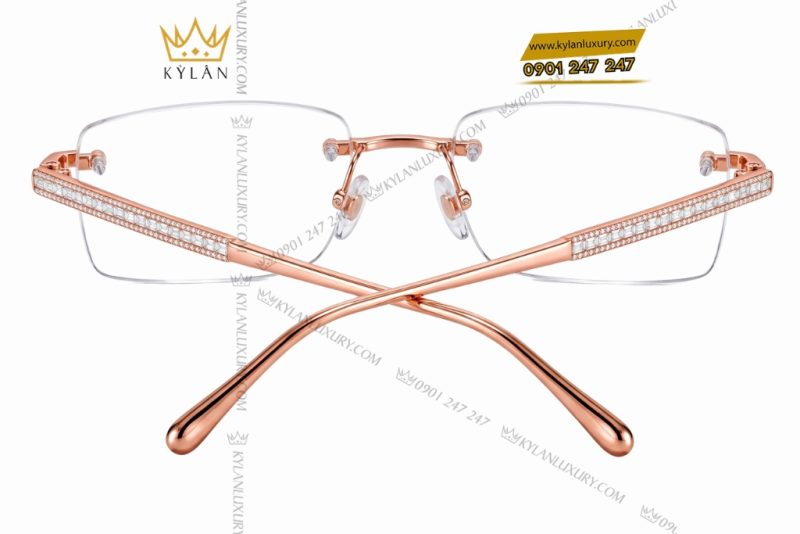 Mắt kính vàng hồng Au750 không viền đính kim cương baguette