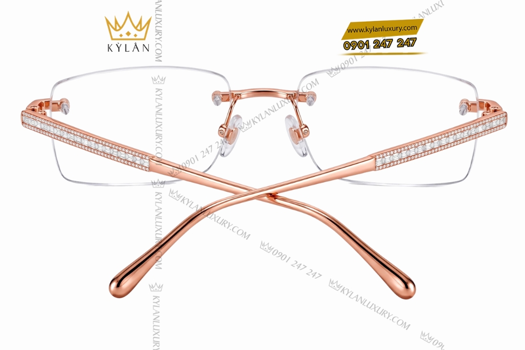 Mắt kính vàng hồng Au750 không viền đính kim cương baguette