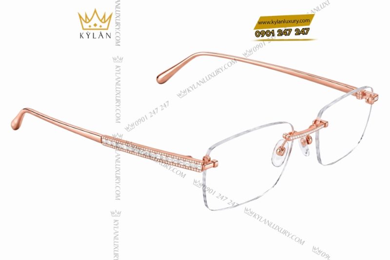 Mắt kính vàng hồng Au750 không viền đính kim cương baguette