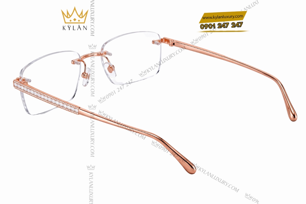 Mắt kính vàng hồng Au750 không viền đính kim cương baguette