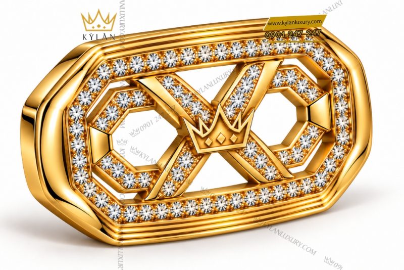 Mặt thắt lưng vàng Au750 đính kim cương logo Kỳ Lân