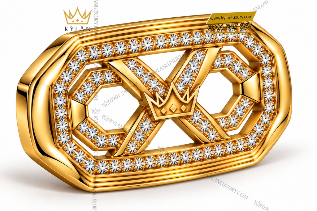 Kỳ Lân Luxury Mat that lung vang Au750 dinh kim cuong logo Ky Lan 2 Mặt thắt lưng vàng Au750 đính kim cương logo Kỳ Lân