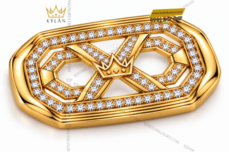 Mặt thắt lưng vàng Au750 đính kim cương logo Kỳ Lân