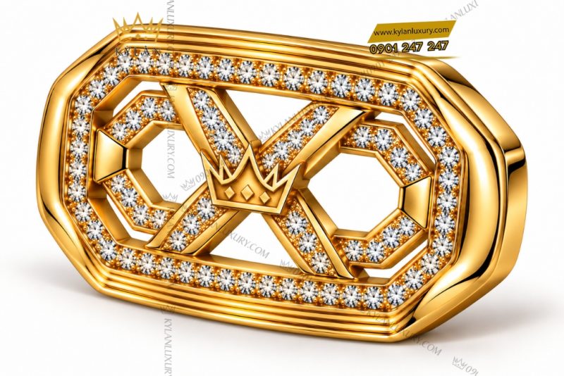 Mặt thắt lưng vàng Au750 đính kim cương logo Kỳ Lân