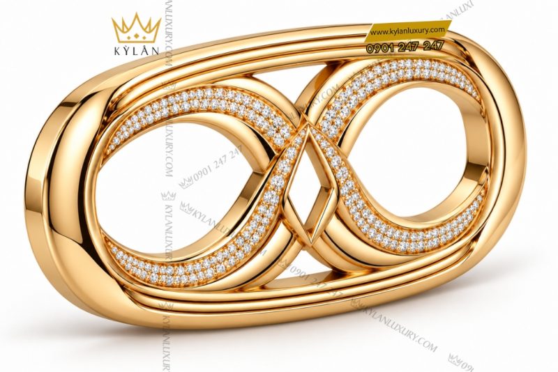 Mặt thắt lưng vàng Au750 hai vòng đan nối đính kim cương