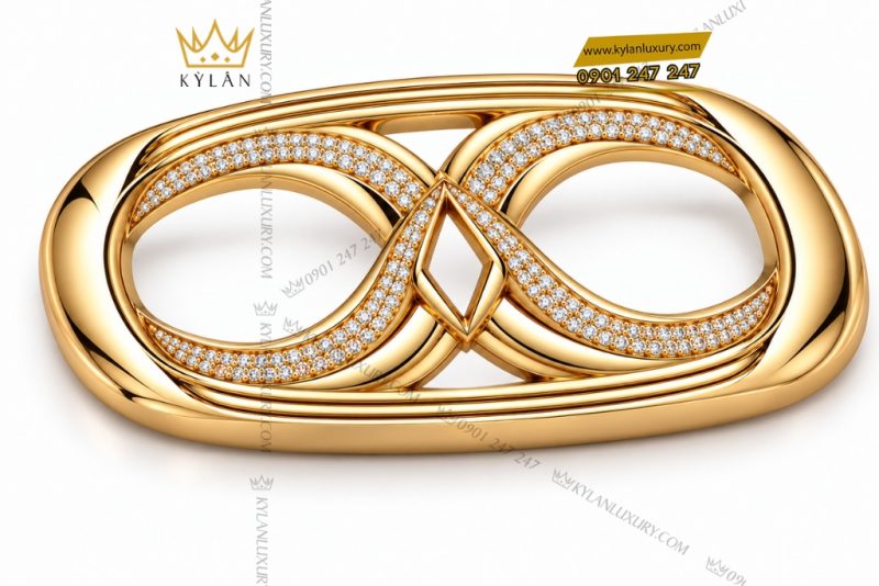 Mặt thắt lưng vàng Au750 hai vòng đan nối đính kim cương