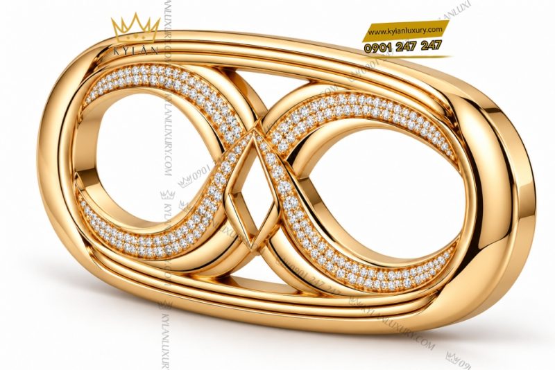 Mặt thắt lưng vàng Au750 hai vòng đan nối đính kim cương